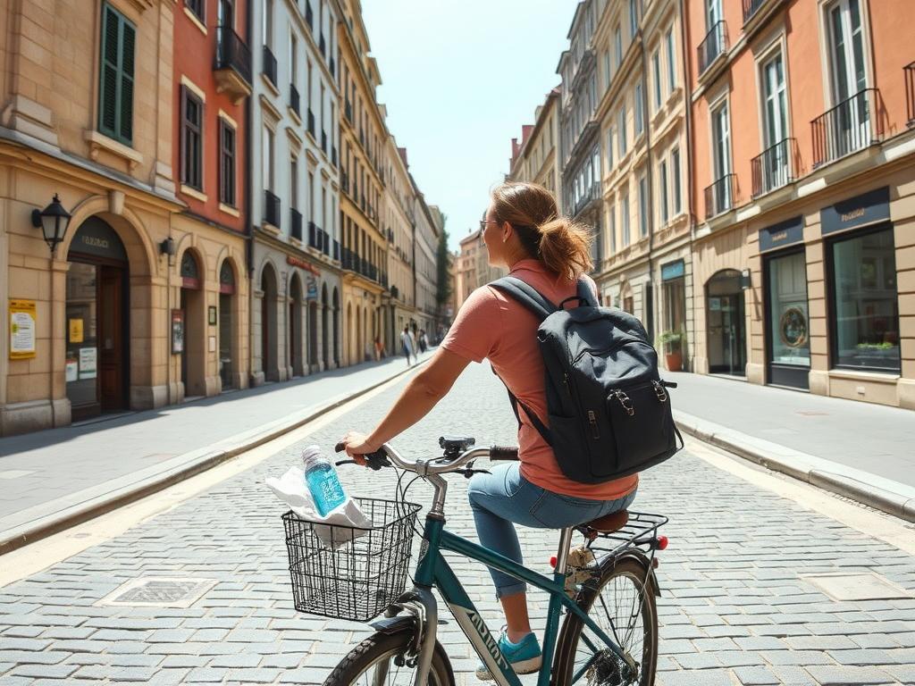Person riding a bicycle through a European city street, demonstrating eco-friendly local transportation Person riding a bicycle through a European city street, demonstrating eco-friendly local transportation