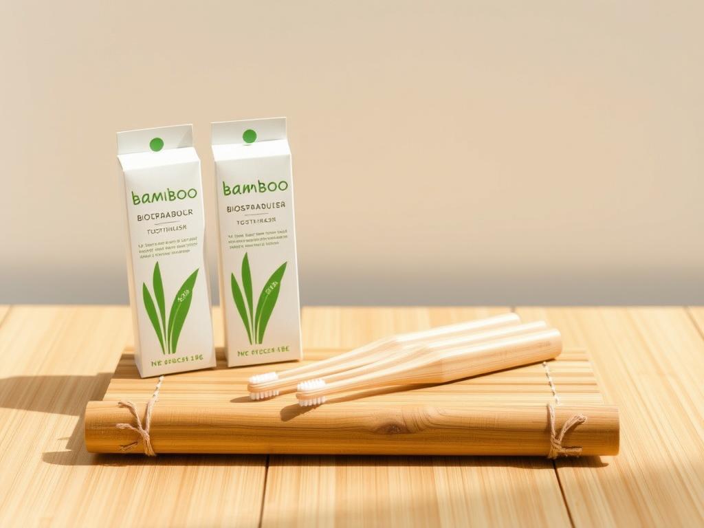 Set of eco-friendly bamboo toothbrushes with biodegradable packaging Set of eco-friendly bamboo toothbrushes with biodegradable packaging