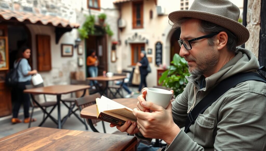 Traveler enjoying a slow morning at a local cafe in a small village Traveler enjoying a slow morning at a local cafe in a small village