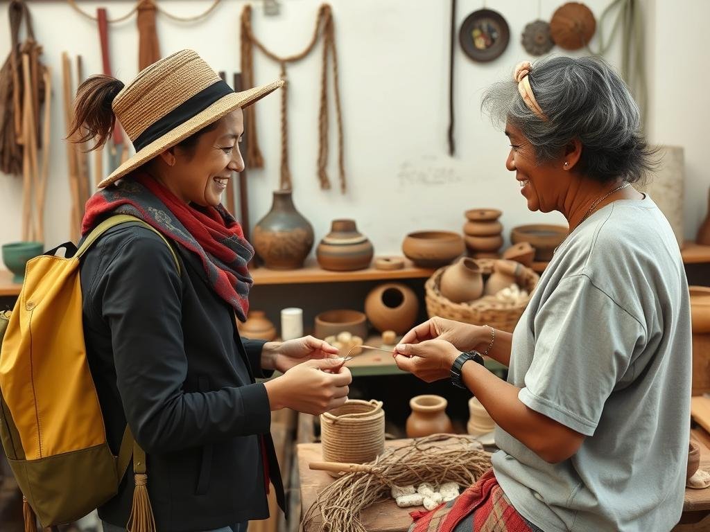 Traveler purchasing handmade crafts from a local artisan Traveler purchasing handmade crafts from a local artisan