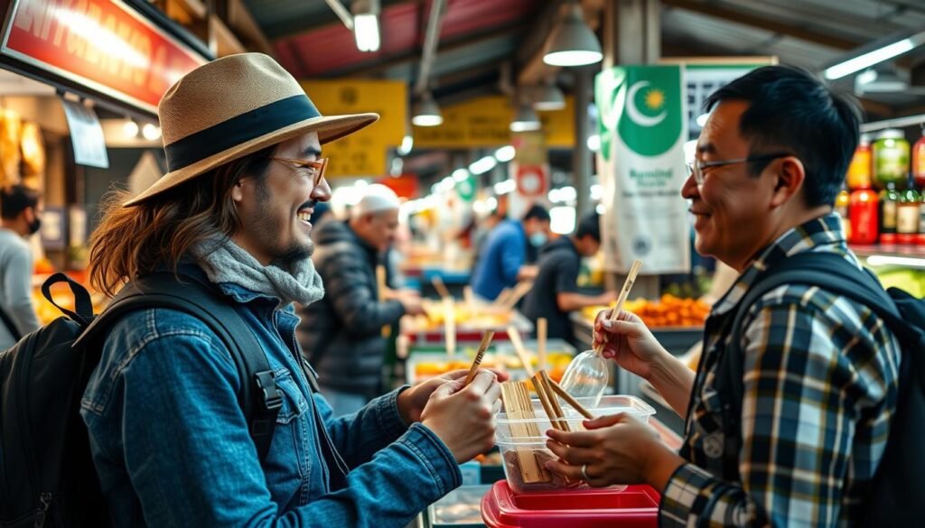 Traveler using reusable containers and utensils at a local food market Traveler using reusable containers and utensils at a local food market