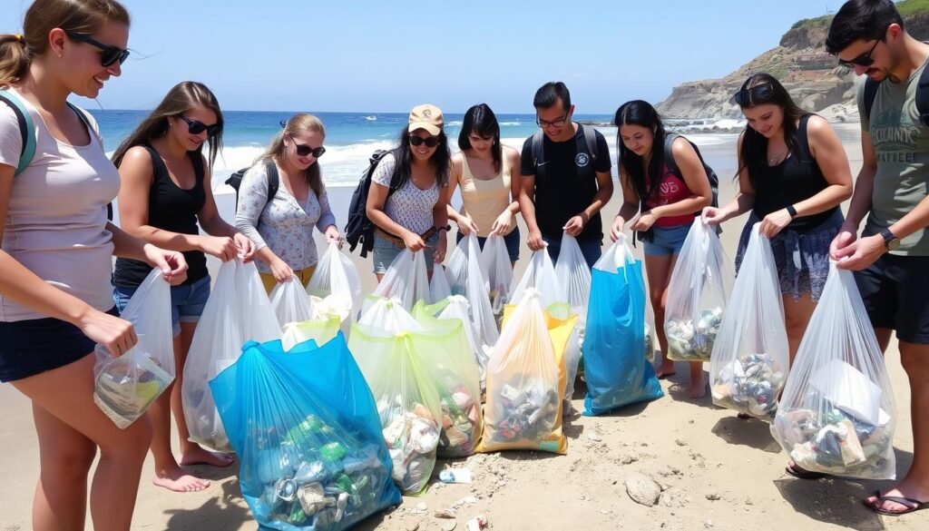 Travelers participating in a beach cleanup conservation activity Travelers participating in a beach cleanup conservation activity